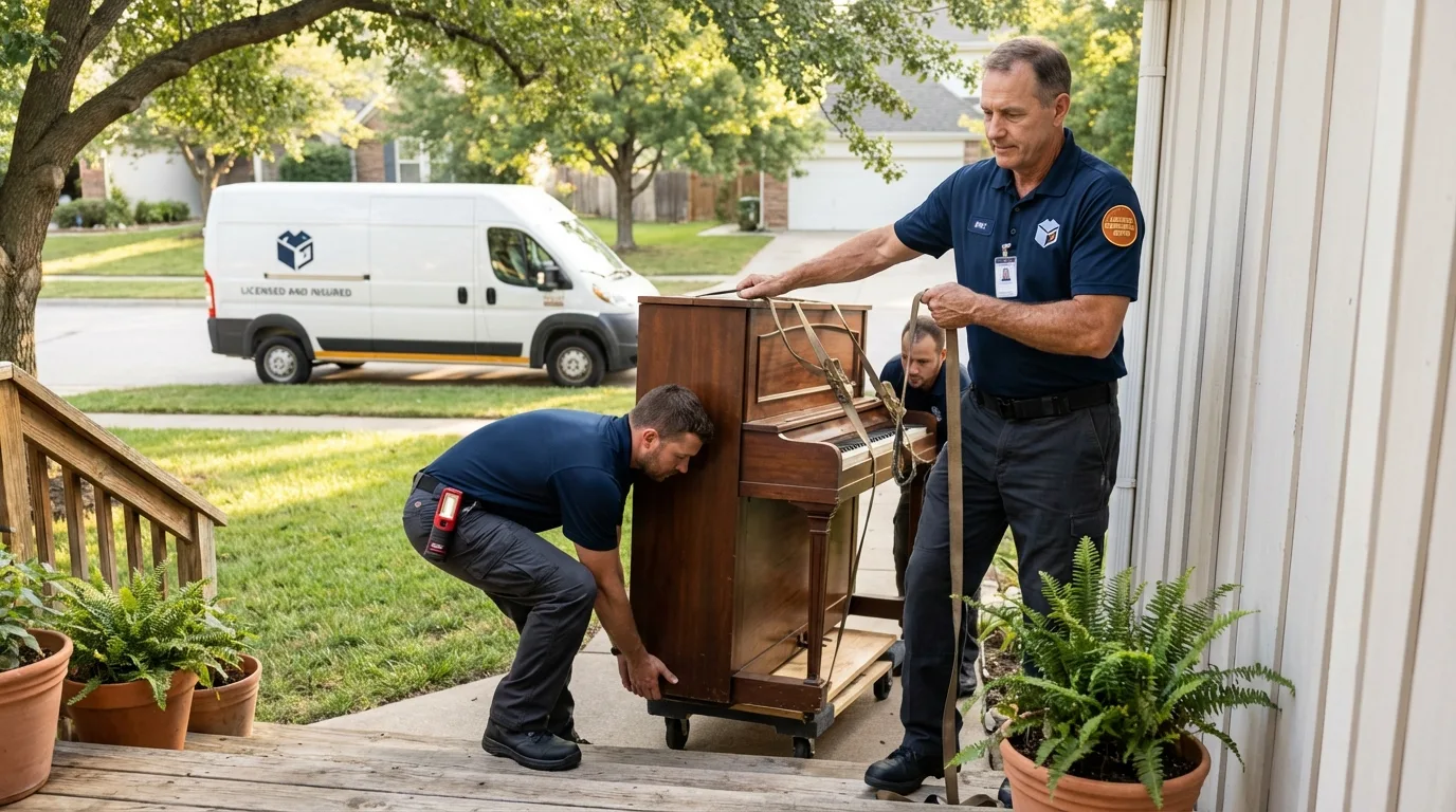 Licensed piano movers securing grand piano in LaGrange, GA