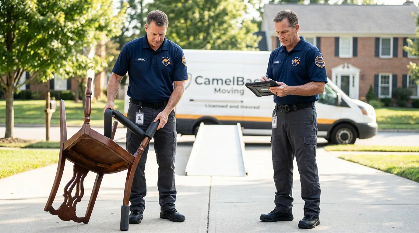 Movers inspecting furniture for damage prevention before loading in LaGrange, GA